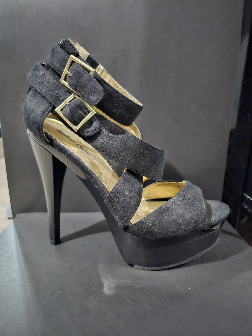 Michael Antonio Black Suede Strappy Platform Sandals with Gold Buckles